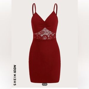 SHEIN ICON Contrast Lace Ruched Cami Bodycon Dress NWT